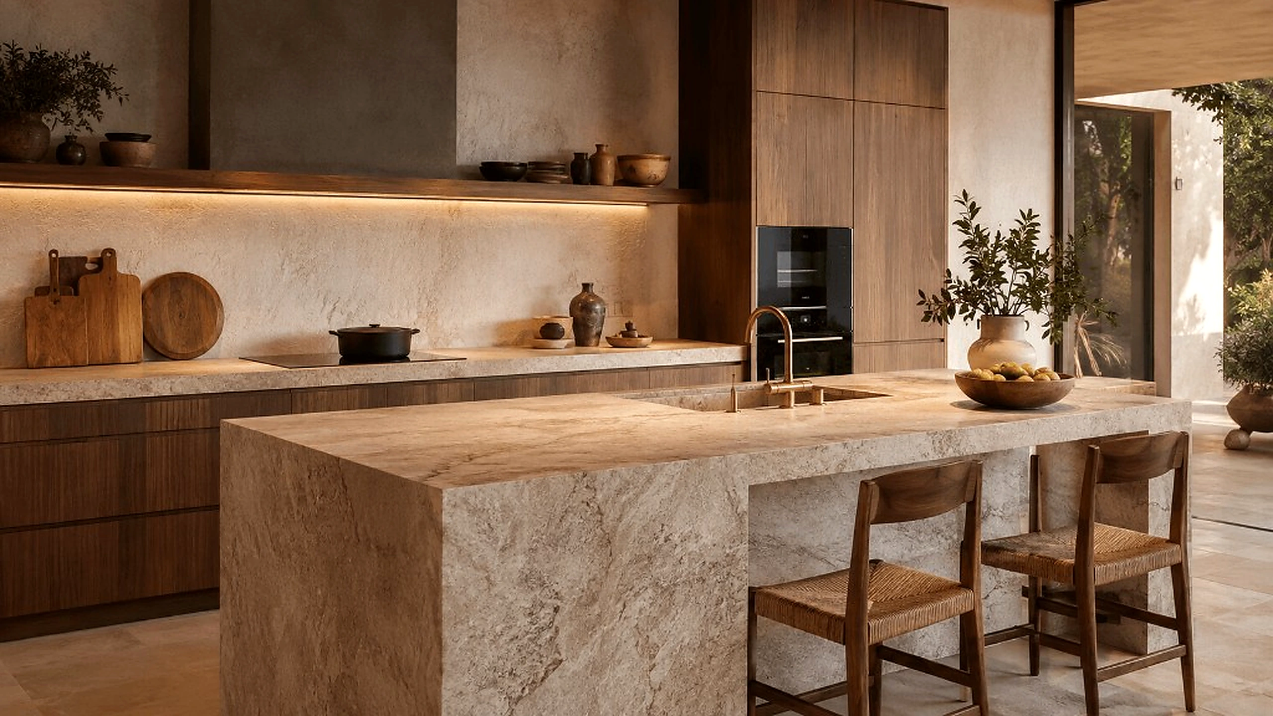 Reforma de cocina a medida con isla de piedra y madera en Girona