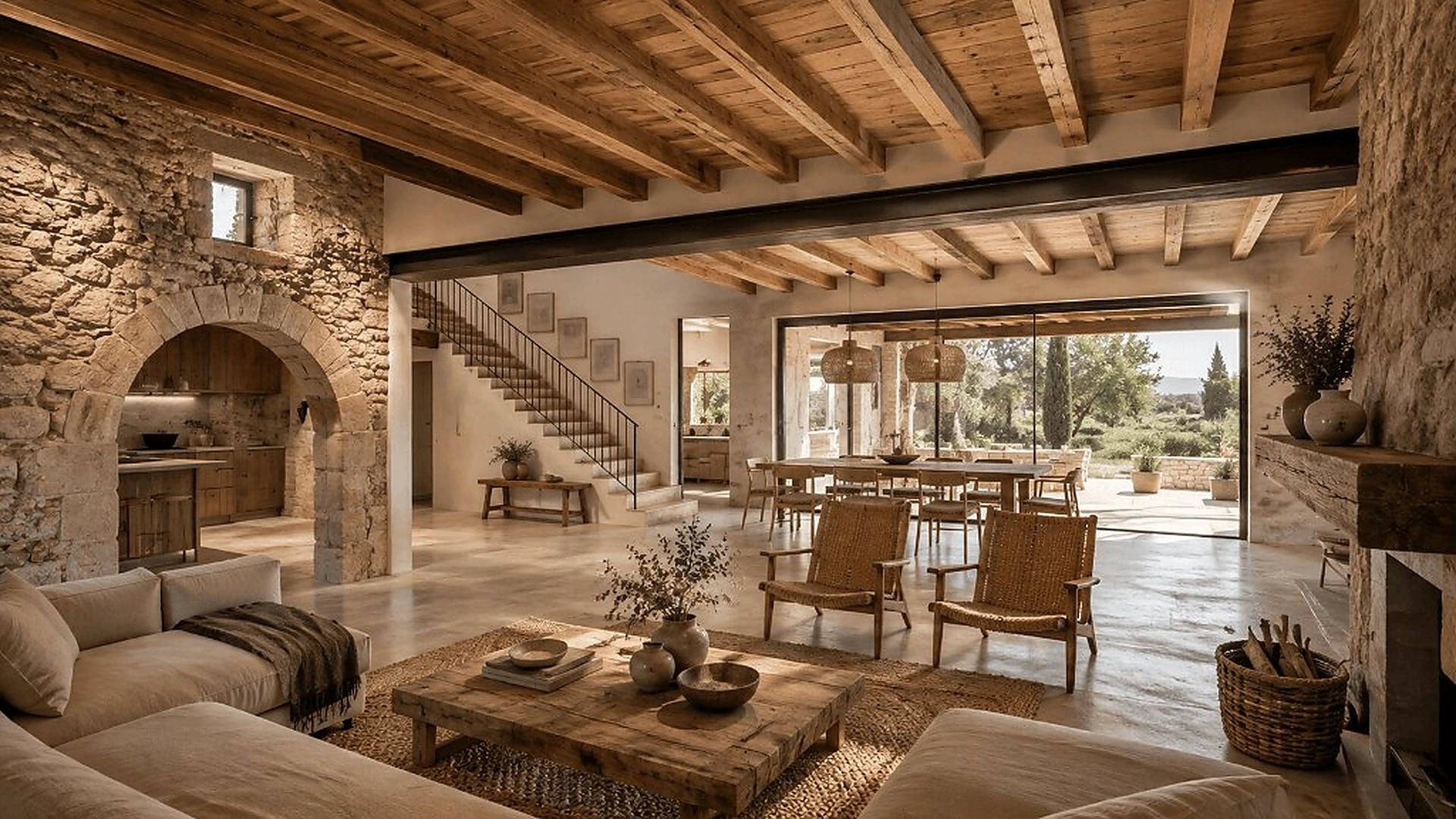 Interior de masía rehabilitada con piedra y vigas de madera